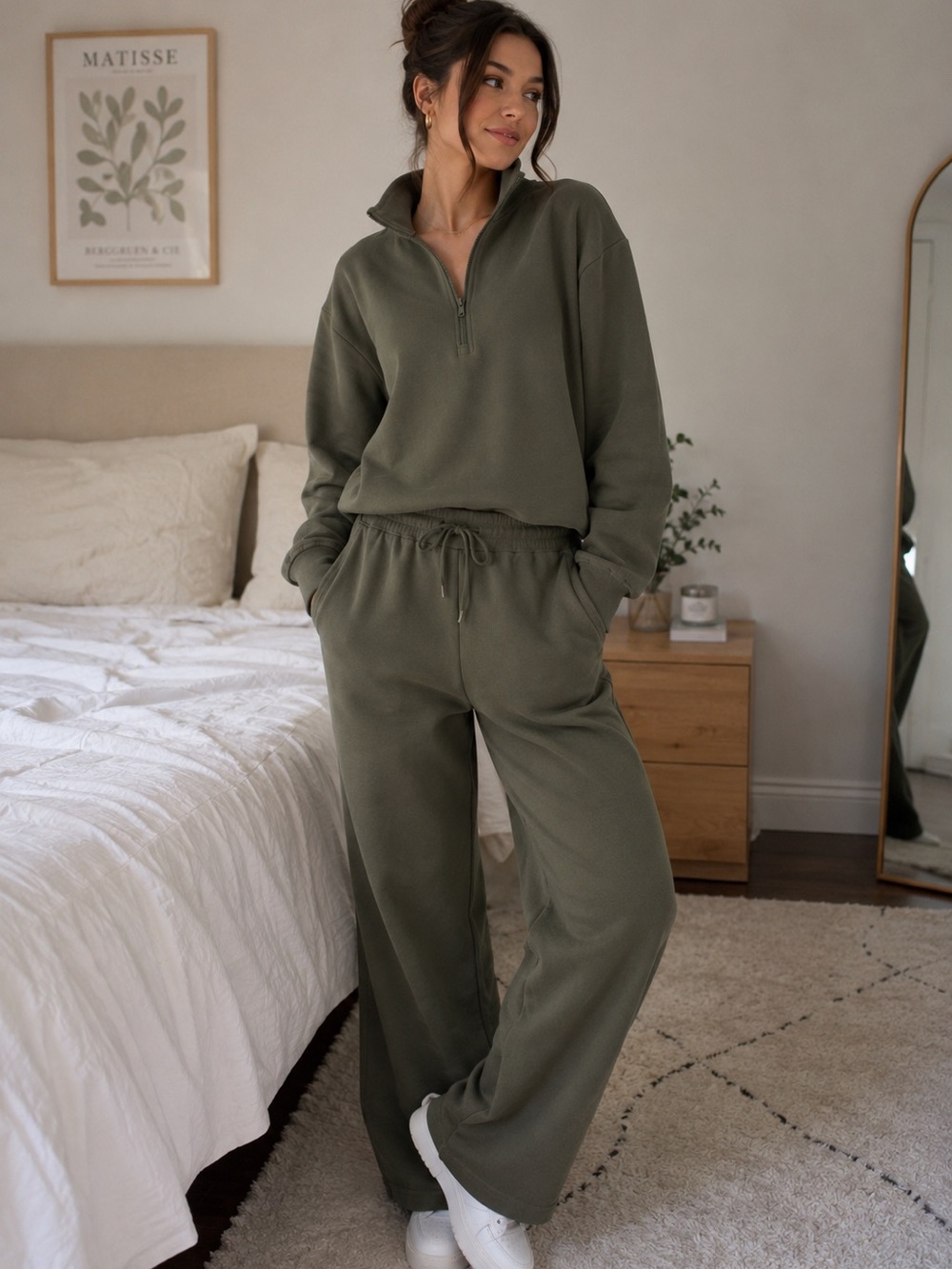 Olive Green Cozy Zip-Neck Sweatshirt & Wide-Leg Joggers Set